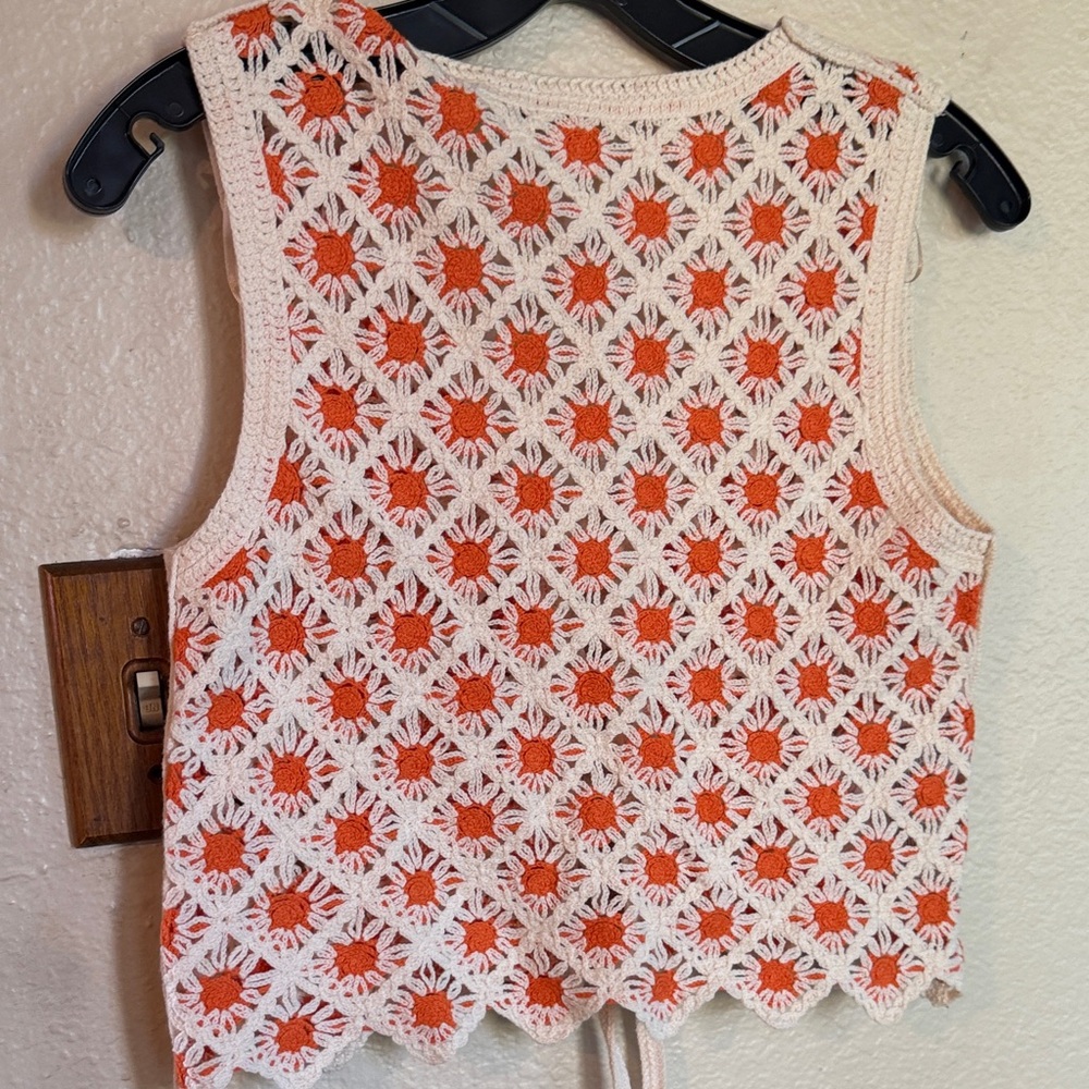 Mango Crochet Tie-Front Vest in Cream & Orange - Picture 4 of 4